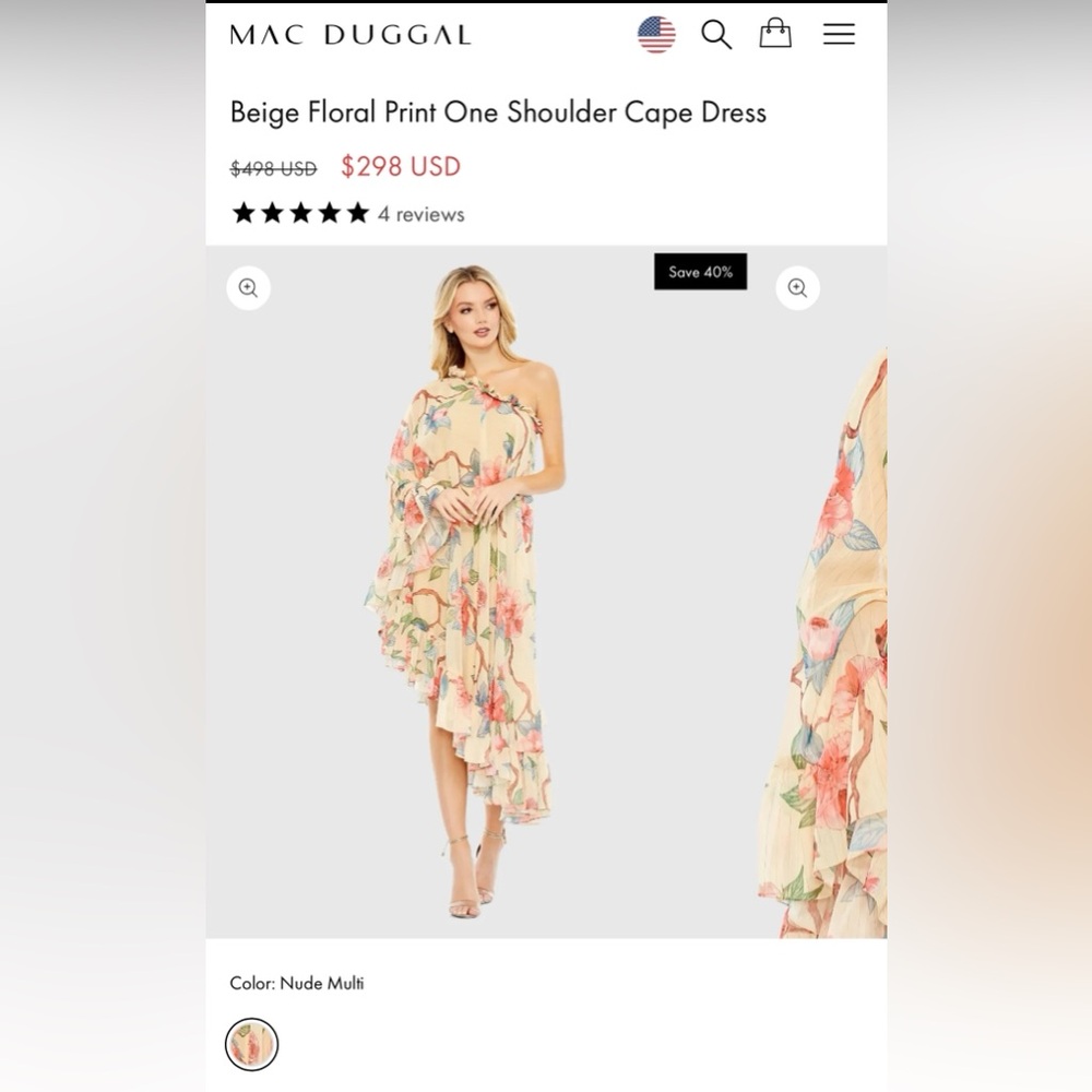 Mac Duggal Nude Multi One-Shoulder Floral Cape Dress